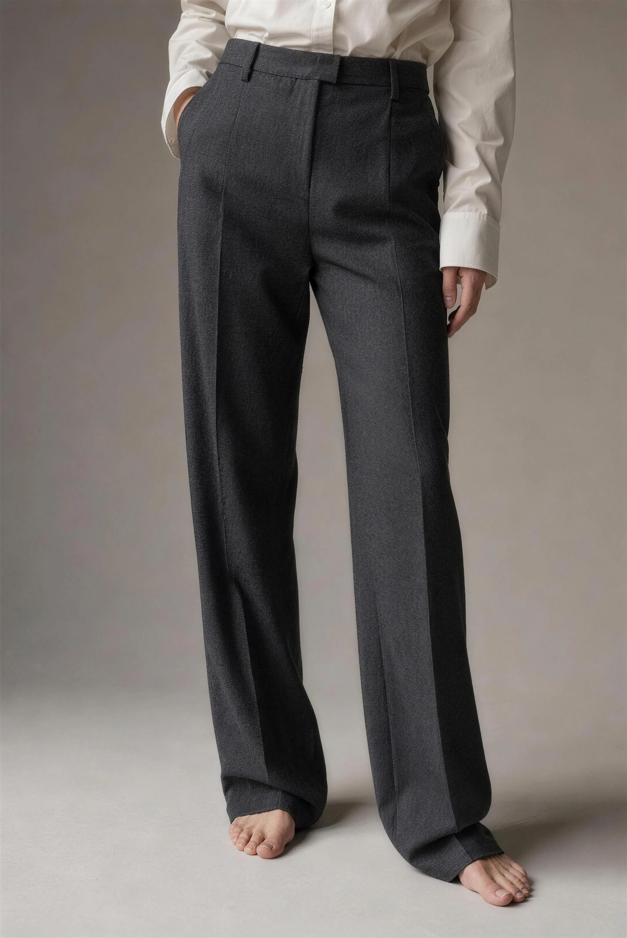 Graphite recycled-wool marta trousers with a wide pressed leg, cropped waist to bare feet